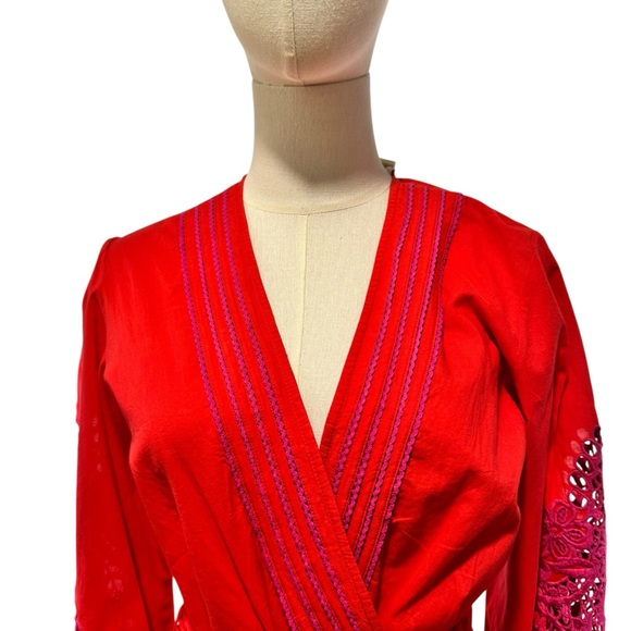 Chelsea & Violet Boho Embroidered Lace Sleeve Romper Red Pink M - Picture 2 of 11